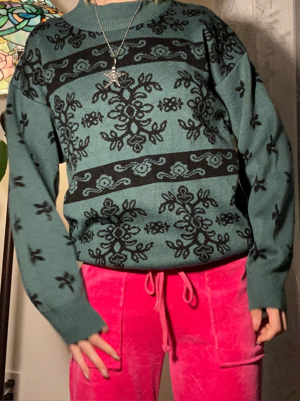 Vintage Ornate Floral Green and Black Knit Sweater